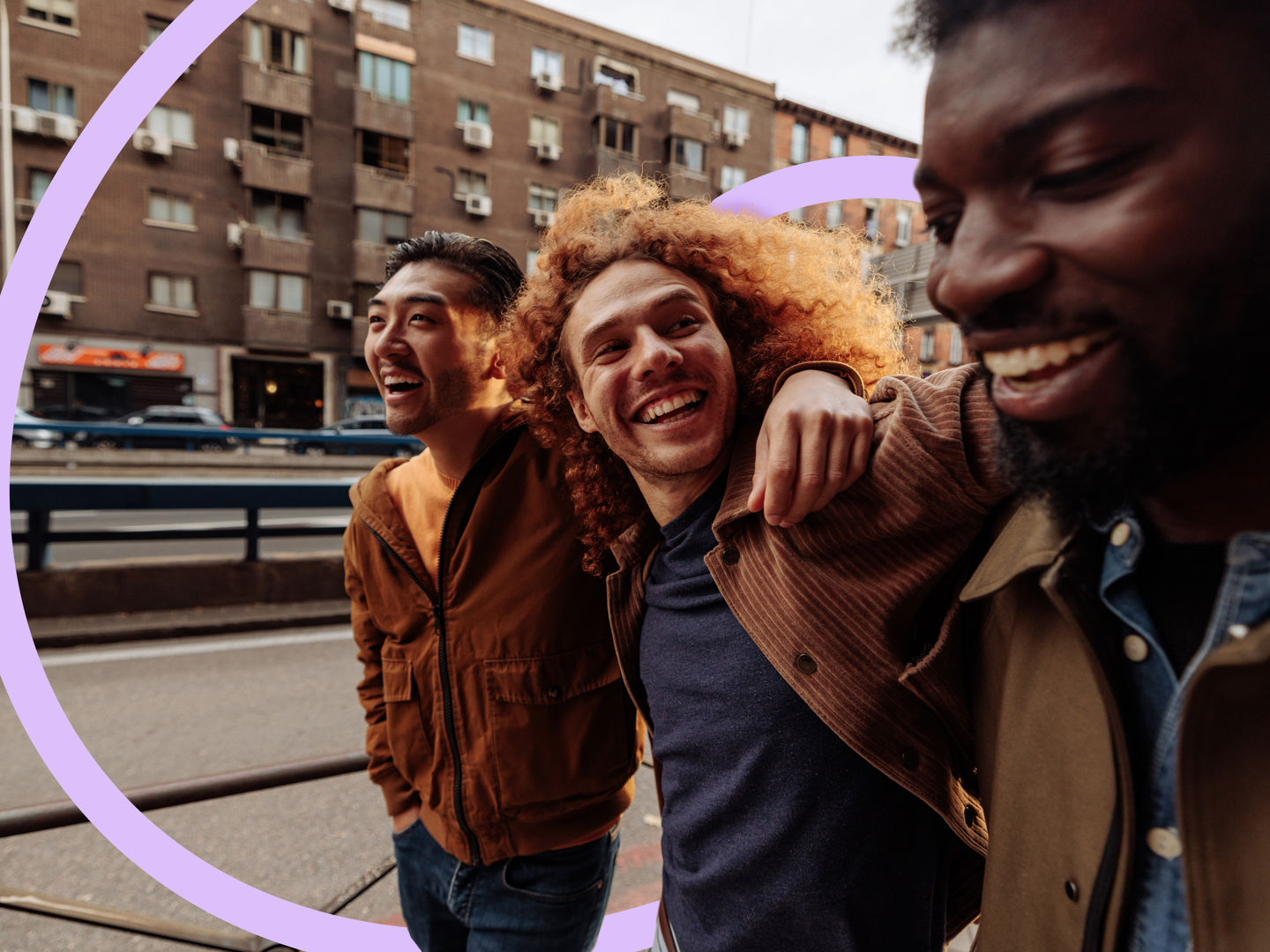 Group of friends walking and smiling together - with Clinical Partners brand expression