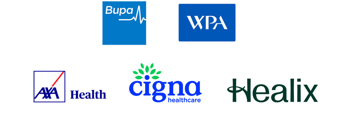 Private medical insurer logos: Bupa, WPA, AXA Health, Cigna, Healix
